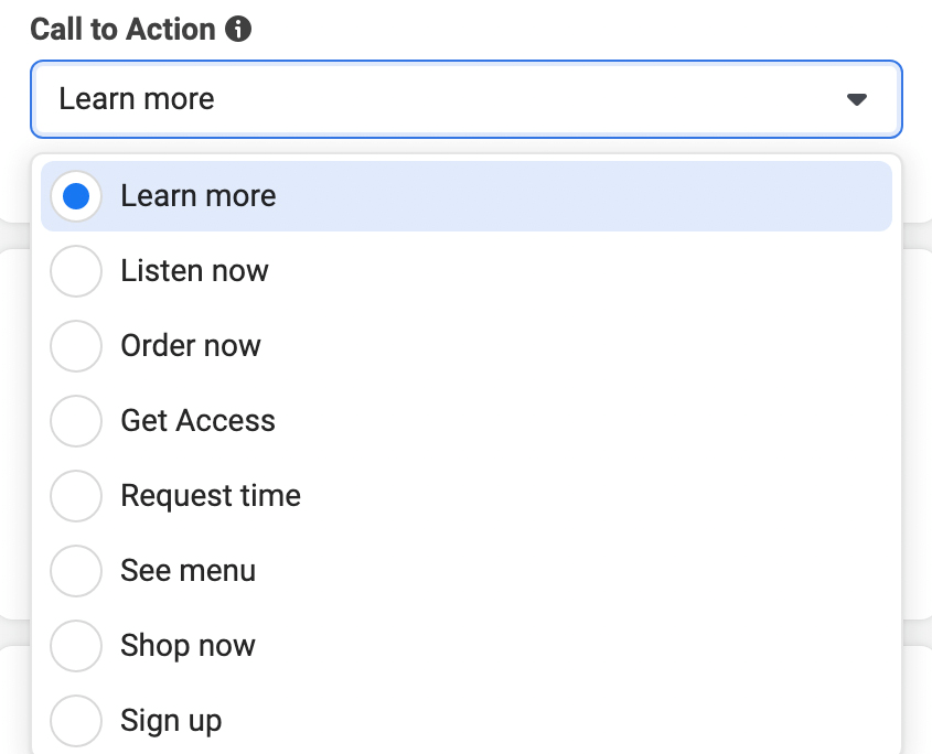 Kép a Cselekvésre ösztönző gomb opcióiról a Meta Ads Managerben