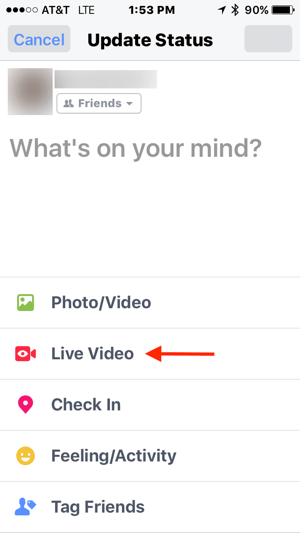 A Facebook állapotfrissítésében koppintson az Élő videó elemre.