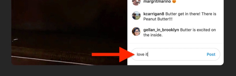 xscreenshot példa egy élő instagramról, a megjegyzés mezővel, amelyet egy néző kiemel és feltölt, és azt mondja: "szeretem"