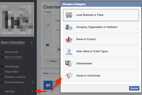 facebook oldalon válassza az üzleti kategóriát