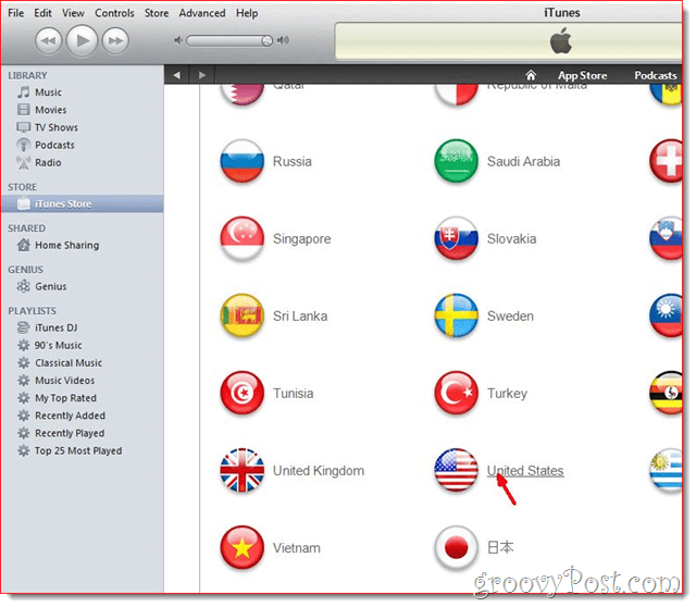 iTunes - Kattintson az Egyesült Államok zászlaja elemre