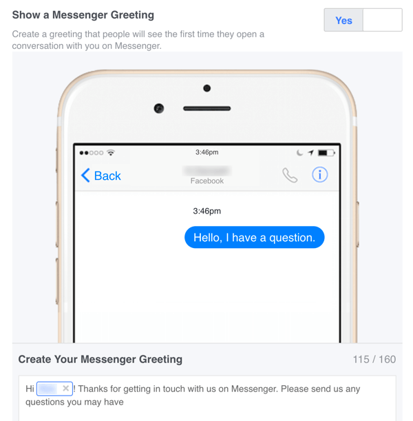 Beállíthat egy egyedi üdvözlő üzenetet a Facebook Messenger számára a Beállításokban.