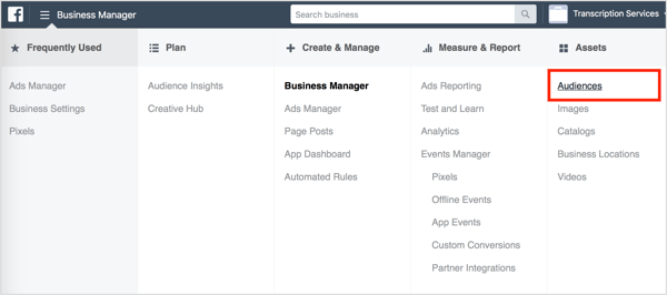 Válassza a Közönségek lehetőséget a Facebook Business Manager alkalmazásban.