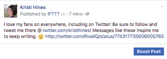 Így néz ki egy kedvelt tweet, amikor az IFTTT-n keresztül megosztja a Facebook-oldalával.