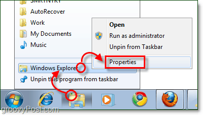 állítsa be a Windows Explorer tálca parancsikonjának tulajdonságait