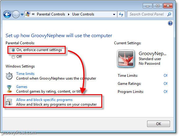 kapcsolja be a szülői felügyeletet a Windows 7-ben egy adott felhasználó számára, majd engedélyezze és blokkolja a meghatározott programokat