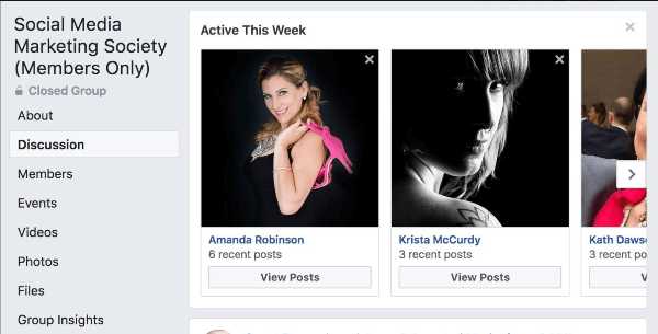 A Facebook kiemeli, hogy a csoport mely tagjai voltak a legaktívabbak a héten a csoportban.