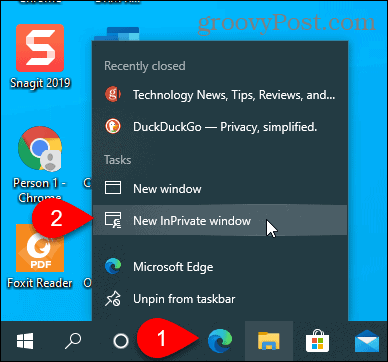Válassza az Új InPrivate ablakot az Edge ikont a tálcán