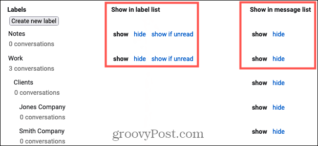 Címkék megjelenítése vagy elrejtése a Gmailben