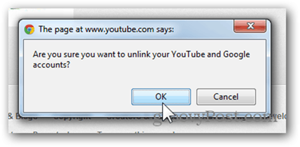 YouTube-fiók összekapcsolása egy új Google-fiókkal - Kattintson az OK gombra a fiók leválasztásához
