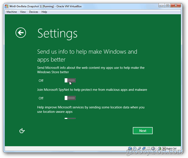 A VirtualBox Windows 8 adatvédelmi információja a Microsofthoz