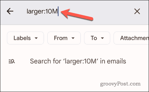 Az e-mail méret feltételeinek beállítása a Gmail keresősávjában mobileszközön