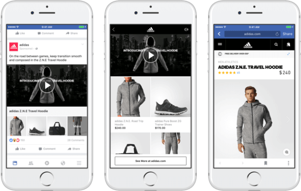 A Facebook új kollekciójának hirdetési formátumával a márkák megjeleníthetnek egy elsődleges videót vagy képet, amely magával ragadó, gyorsan betöltődő vásárlási élményhez vezet a Facebookon. 