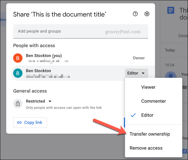 Fájl tulajdonjogának átadása a Google Drive-ban