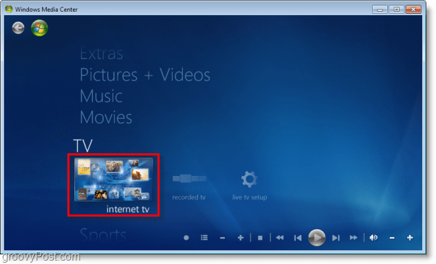Windows 7 Media Center - kattintson az internetes tv-re