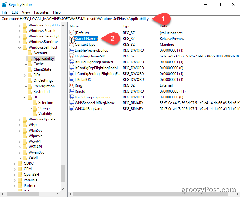 Kattintson duplán a BranchName kulcsra a Windows rendszerleíró adatbázisában