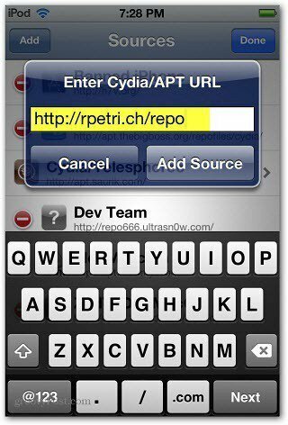 Adja meg a Cydia APT URL-jét