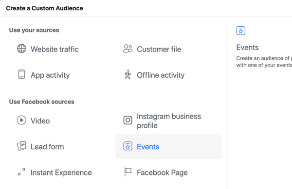 Hogyan népszerűsítheti élő eseményét a Facebookon, 10. lépés, egyéni közönség létrehozása a Facebook Ads Manager alkalmazásban az eseményoldal megtekintése alapján