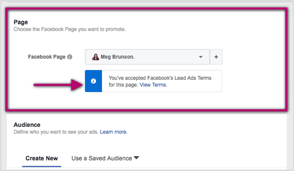 Válassza ki a Facebook-oldalt a vezető hirdetéshez az Ads Managerben