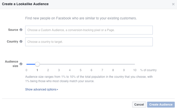 Ezeket az opciókat akkor láthatja, amikor Facebook-ra hasonlító közönséget hoz létre.