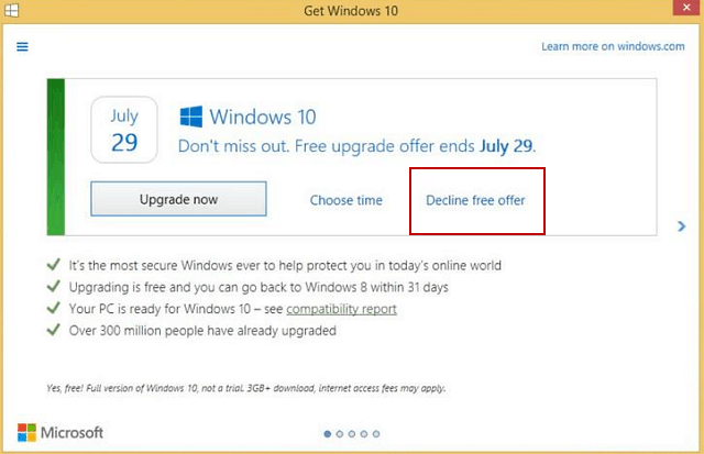 A Microsoft megkönnyíti a Windows 10 ingyenes frissítésének elutasítását