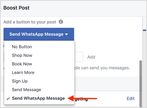 Válassza a WhatsApp üzenet küldése lehetőséget, amikor növeli a Facebook-bejegyzést.