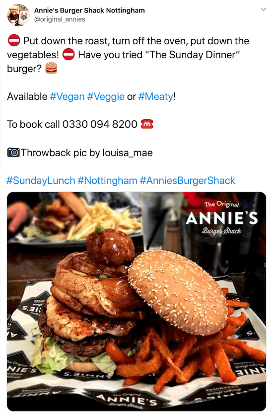 A @original_annies Twitter-bejegyzésének képernyőképe egy hamburger és édesburgonya krumpli képével fülbemászó leírással, telefonszámukkal, képhitelükkel és hashtagjeikkel