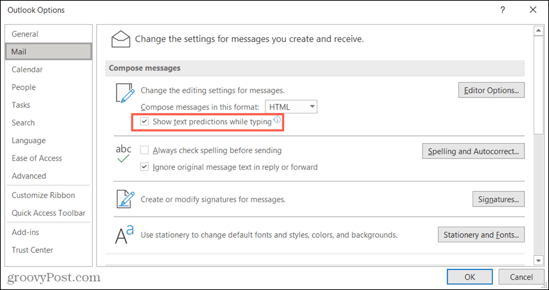 Szöveges előrejelzések engedélyezése az Outlook programban Windows rendszeren