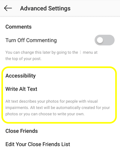 Az Alt szöveg hozzáadása az Instagram bejegyzésekhez, 2. lépés: Az Instagram bejegyzés kisegítő lehetősége az alt címke beállításához
