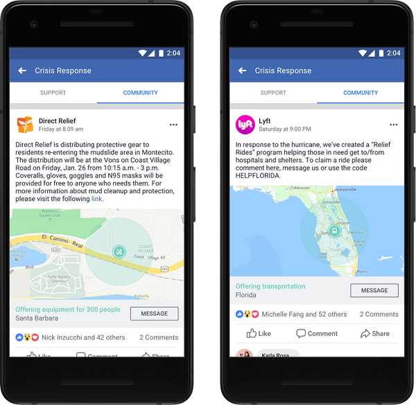 A Facebook bejelentette, hogy a szervezetek és vállalkozások mostantól közzétehetik a közösségi segítséget, és kritikus információkat és szolgáltatásokat nyújthatnak az embereknek a válsághelyzetben szükséges segítség megszerzéséhez.