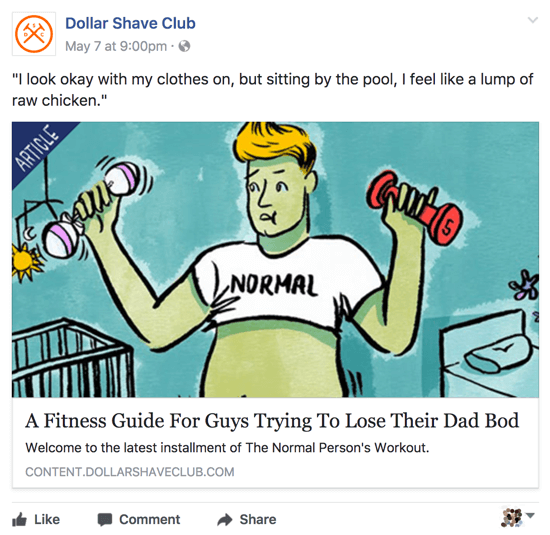 A Dollar Shave Club releváns és okos tartalmakat oszt meg Facebook üzleti oldalán.