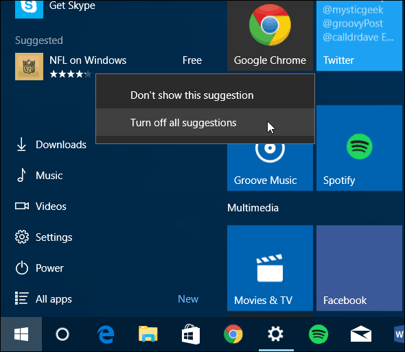 A Windows 10 Start menüje Kapcsolja ki a javasolt alkalmazásokat