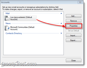 a Windows Live mail fiók tulajdonságai