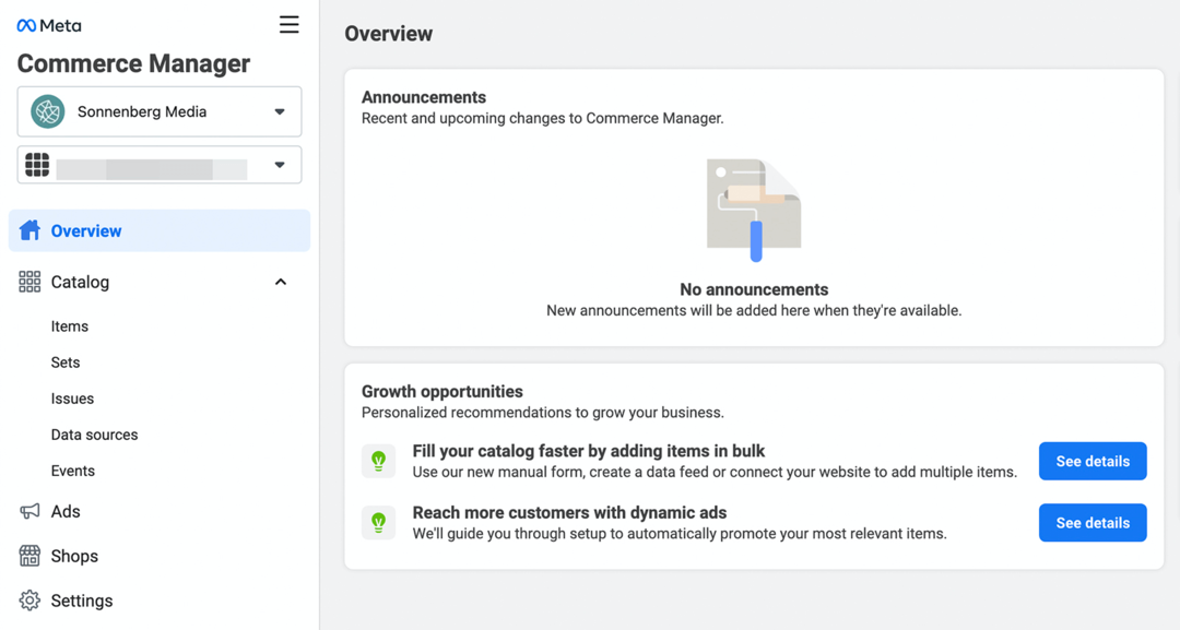 a Meta Commerce Manager áttekintése képernyő képe