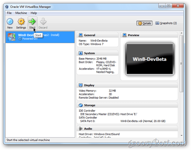 VirtualBox Windows 8 indítsa el a vm-et