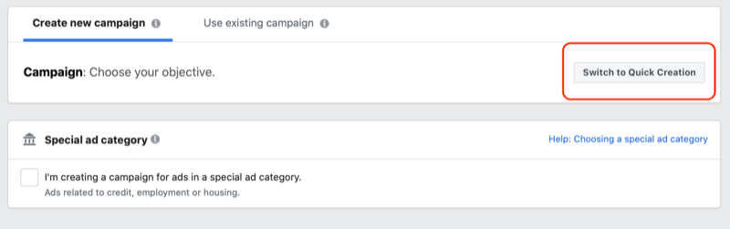 váltson a Gyors létrehozás munkafolyamatra a Facebook Ads Managerben