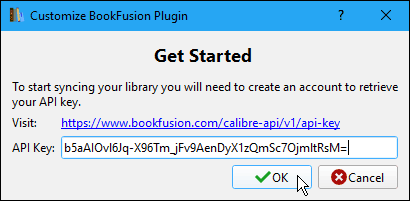 Írja be az API kulcsot a Caliber könyvtárFusion plugin testreszabása párbeszédpanelen