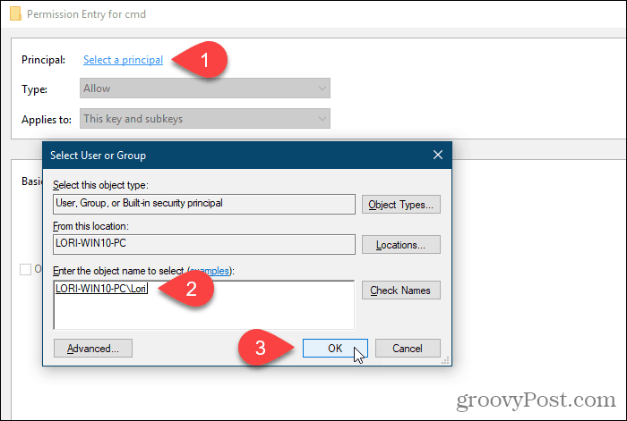 Kattintson a Válassza ki az egységet elemre, és válasszon felhasználót vagy csoportot az engedélyekhez a Windows rendszerleíró adatbázisban