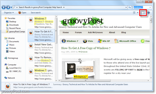használja a Windows 7 előnézeti ablakot a webhelyek megtekintéséhez az explorer ablak keresőcsatlakozóján keresztül