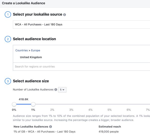 Hozza létre a Facebook megjelenésű közönséget, 3. lépés.