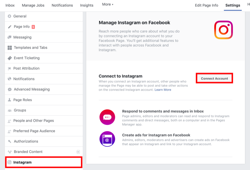 hogyan lehet összekapcsolni a Facebook oldalt az Instagram üzleti fiókkal a Facebook oldal beállításainál
