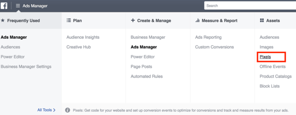 A Facebook pixel beállításához nyissa meg az Ads Manager alkalmazást annak kiválasztásához.