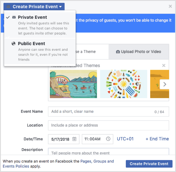 Facebook eseményopciók, amikor eseményt hoz létre Facebook-profilból