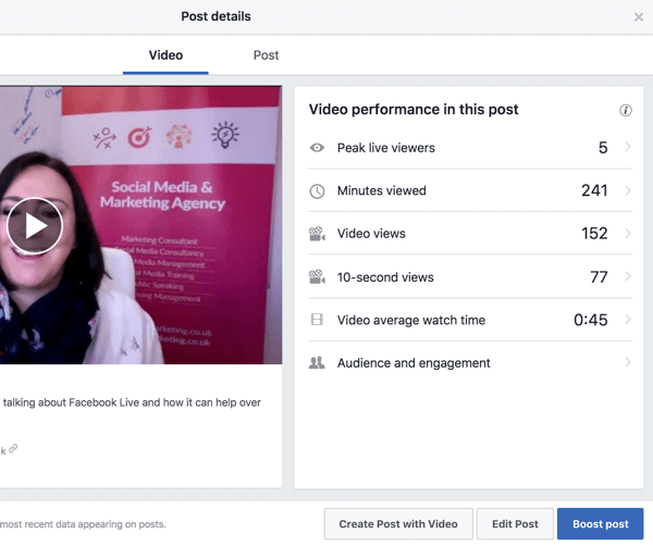 Válasszon egy videót a Facebook videotárában a teljesítménymutatók megtekintéséhez.