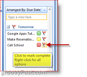 Outlook 2007 teendők sávja – Kattintson a Feladatjelzőre a befejezettként való megjelöléshez