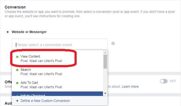 Ha a Konverziókat választotta Facebook Messenger hirdetési célként, válasszon konverziós eseményt.