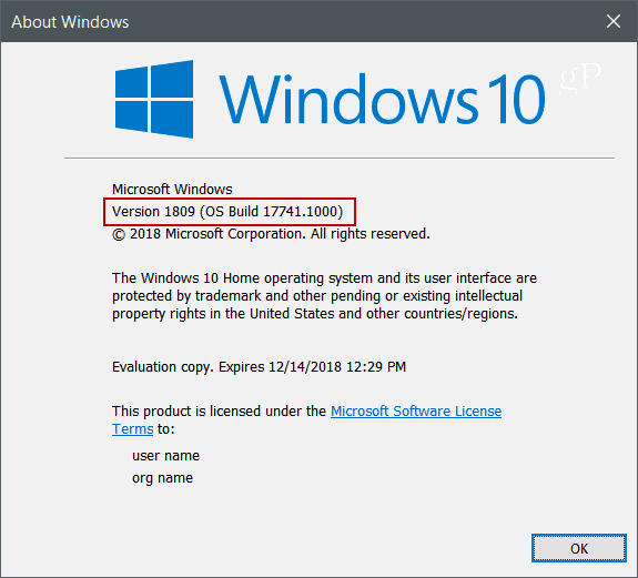 Winver Windows 10 1809-es verzió
