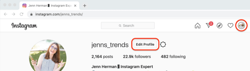 képernyőkép egy Instagram profilról, a 'profil szerkesztése' gomb kiemelve