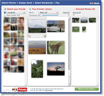 A HotPrints lehetővé teszi, hogy saját feltöltött fényképei közül választhasson, vagy a Facebook-on lévő barátaitól