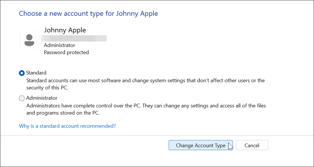 A fióktípus megváltoztatása Windows 11 rendszerben